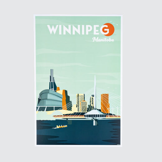 A poster representing a view of Winnipeg’s downtown. The illustration includes the Canadian Museum for Human Rights, a bridge spanning the Red River, a few high-rise buildings and a canoe on the river. The city’s name is displayed at the top, with “Manitoba” written below it.