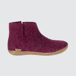 Cranberry boot with beige leather sole side view.