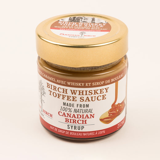 Jar of toffee sauce featuring the text “Birch Whiskey Toffee Sauce”
