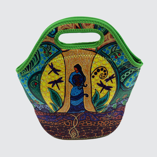 Front of lunch bag featuring a woman standing in front of a tree and holding the earth.