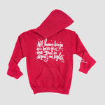 A red hoodie laid flat with white stylized script.
