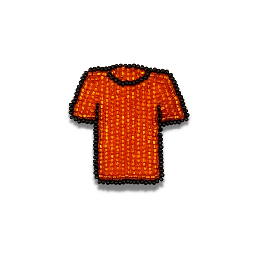 Beaded orange pin in the shape of a shirt with a black outline.