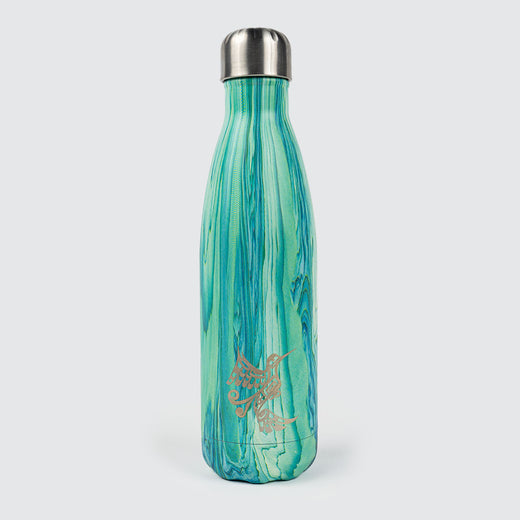 Insulated bottle featuring a swirling mix of aqua green, turquoise and blue colors. It features a grey hummingbird . The bottle’s cap and base are made of stainless steel.