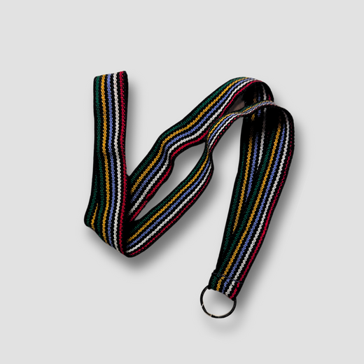 Black lanyard with stripes of green, yellow, blue, white and red.