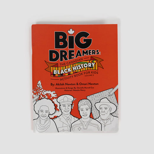 Book cover featuring drawn characters on a dark orange background. A colourful ribbon with the words “Black History” appears under the main title “Big Dreamers.”