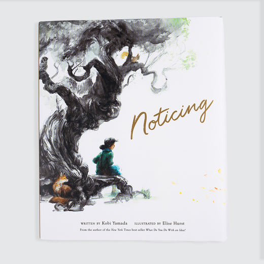 Cover of a book with a white background featuring a black tree fading towards the top. A boy seen from the back is sitting at the base of the tree. In the centre and slightly to the right, the word “Noticing” is written in handwritten style. At the bottom of the cover, details about the author’s and illustrator’s names and other information are provided.