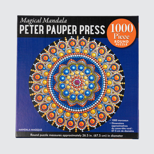 A dark blue box with a colourful round mandala illustration. Above the image is a black box displaying the name “Magic Mandala,” and “Peter Pauper Press.” In the upper right corner, there is an orange circle with the text “1000 Piece Round Puzzle.”