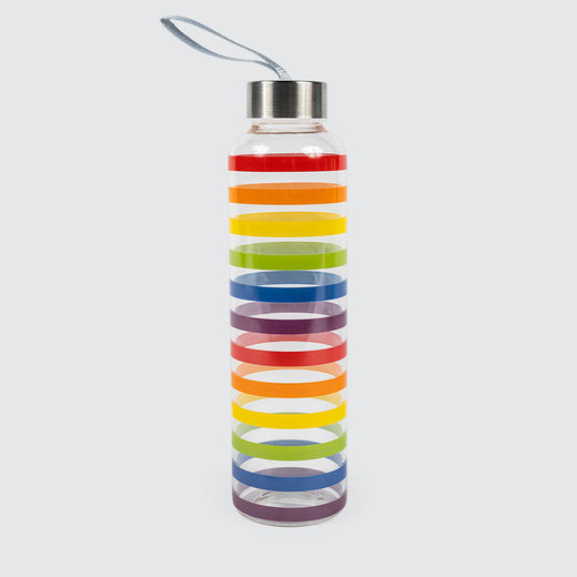 A glass bottle with stainless steel cap, rainbow-coloured stripes imprinted on its body and a grey strap attached to the cap.