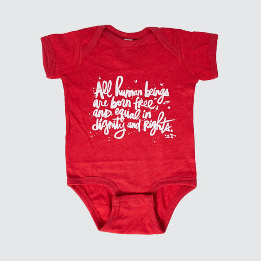 Red onesie with script, laid flat.