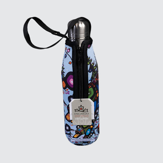 Stainless steel water bottle in the sleeve with the zipper and handle showing. 