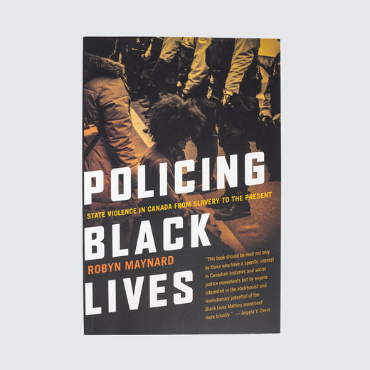 Book cover showing the title overlaid on a black and white photograph of a Black person kneeling across uniformed people standing in a row.