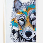 Close-up of a stylized print of a wolf.