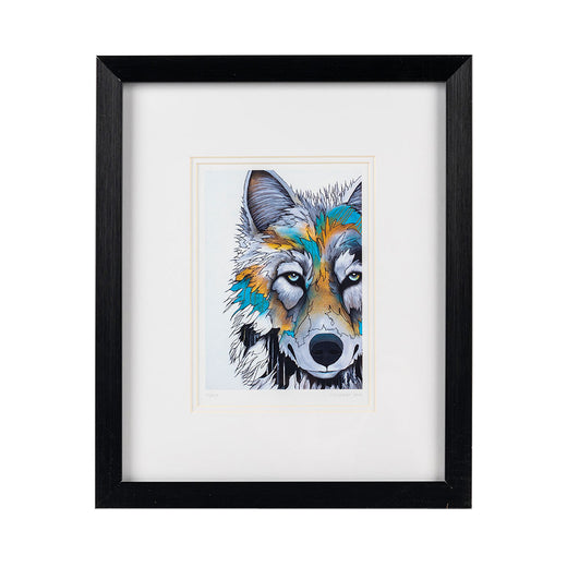 Framed stylized print of a wolf.