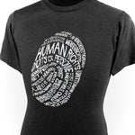 Black crew-neck T-shirt with the text “human rights” in several different languages; shown on a male bust form.
