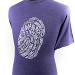 Plum crew-neck T-shirt with the text “human rights” in several different languages; shown on a male bust form.