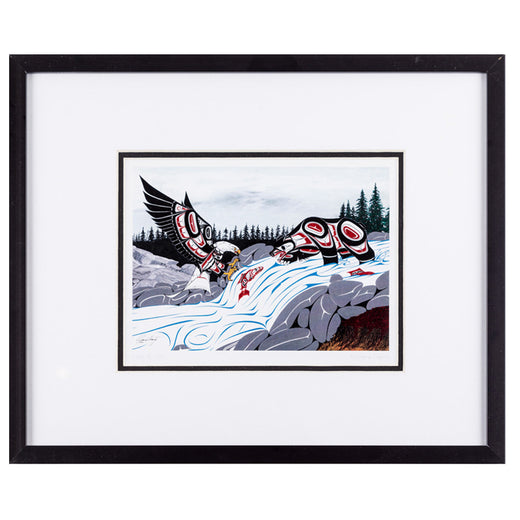 framed art print featuring an eagle, fish and a bear