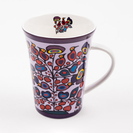 porcelain mug with a floral design; a small floral design is on the interior of the mug and near the rim