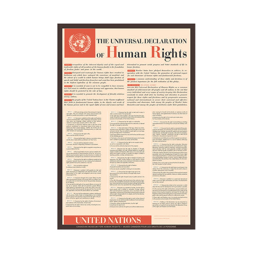  Poster entitled “The Universal Declaration of Human Rights”; the 30 articles of the Declaration are listed on the poster.