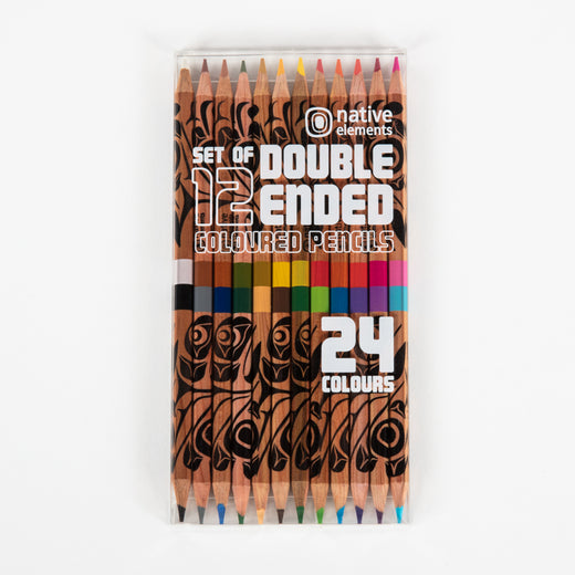 12 pencil crayons in a clear box with the text “Set of 12 double ended coloured pencils” and “24 colours”