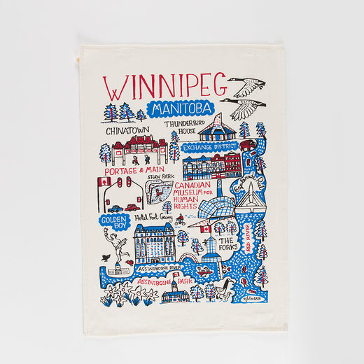 tea towel featuring the text “Winnipeg” and illustrations of Winnipeg landmarks 