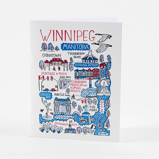 carnet sur lequel on peut voir le texte « Winnipeg » et des illustrations de lieux emblématiques de Winnipeg