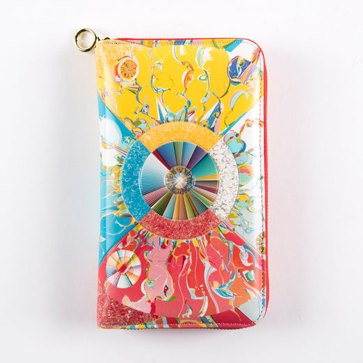 wallet featuring art depicting an illustration of a circle, radiant lines and abstract shapes with vibrant colours