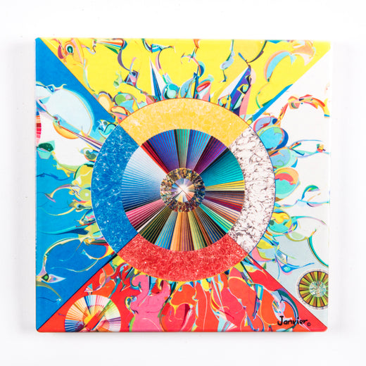 Trivet/wall hanging featuring art featuring a circle, radiant lines and abstract shapes with vibrant colours 