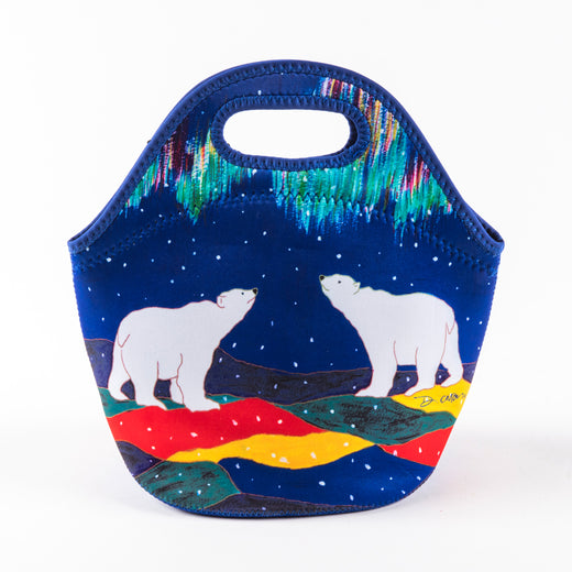 the front of a lunch bag featuring artwork with two polar bears