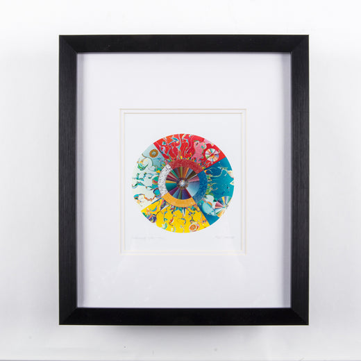 Art print titled “Morning Star, 1993” that features a circle, radiant lines and abstract shapes with vibrant colours; the print also features the artist’s name “Alex Janvier”