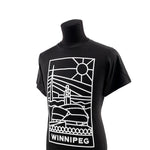 T-Shirt on a mannequin with a design of the Canadian Museum for Human Rights and the word “Winnipeg,” viewed from an angle.