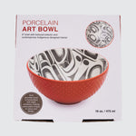Cover of the bowl packaging showing the bowl from two angles. Packaging reads “Porcelain Art Bowl”. 