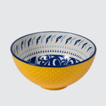 Yellow textured bowl featuring an inner contemporary Indigenous pattern of hummingbirds.