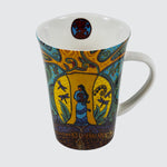 Front of mug featuring a woman standing in front of a tree and holding the earth.