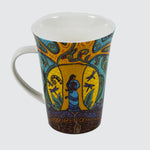 Back of mug featuring a woman standing in front of a tree and holding the earth.