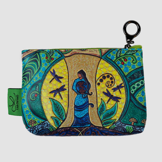 Front of coin purse featuring a woman standing in front of a tree and holding the earth.