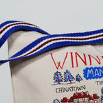 Close-up of the red, white, and blue webbed handle laying across the top of the bag to the left.