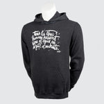 Black hoodie with script on a mannequin.