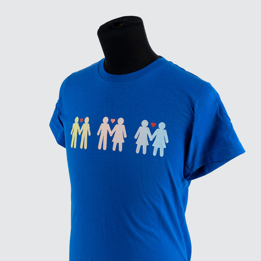 blue shirt featuring 3 stick-figure-like couples holding hands; a red heart is between each set of heads