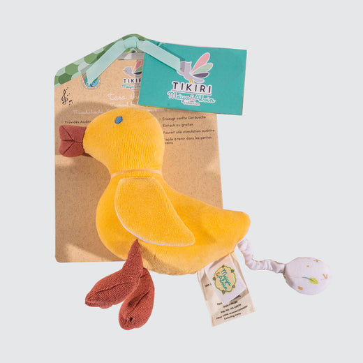 Vibrant yellow fabric toy duck with reddish brown feet and beak, attached to its packaging.