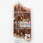 12 double-ended pencil crayons sticking out of one end of an open box