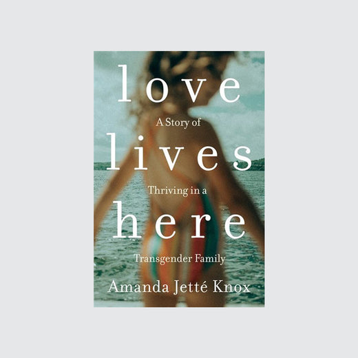 Cover of book depicting the title “Love Lives Here,” as well as a child blurred out in the foreground and a lake in the background.