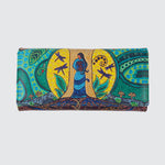 Front of a wallet laid flat, featuring colourful artwork depicting a woman standing in front of a tree, holding the earth.